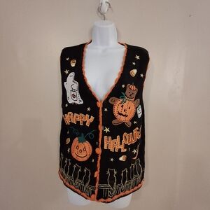 Vintage Happy Halloween Medium Knitted Black Sweater Vest Spooky Teacher